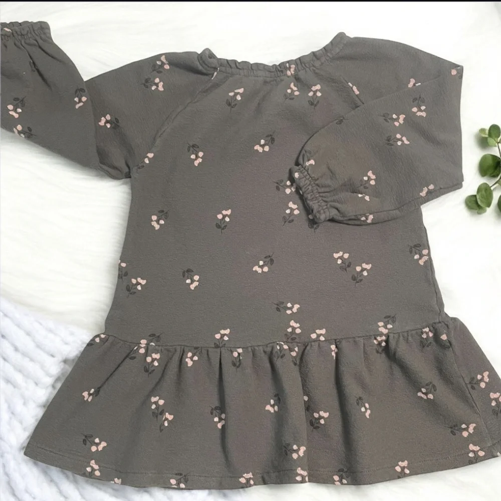 Gray Long Sleeve Sweatshirt Dress with Pink Floral Pattern